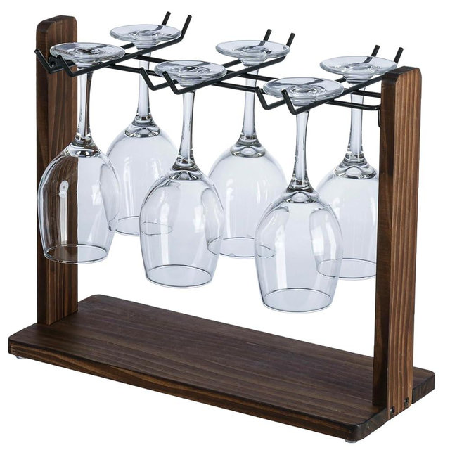 MyGift Modern Burnt Brown Solid Wood and Matte Black Metal Wire Tabletop Wine Glass Holder, Countertop Drying Rack for Drinking Glasses, Goblets, Flutes