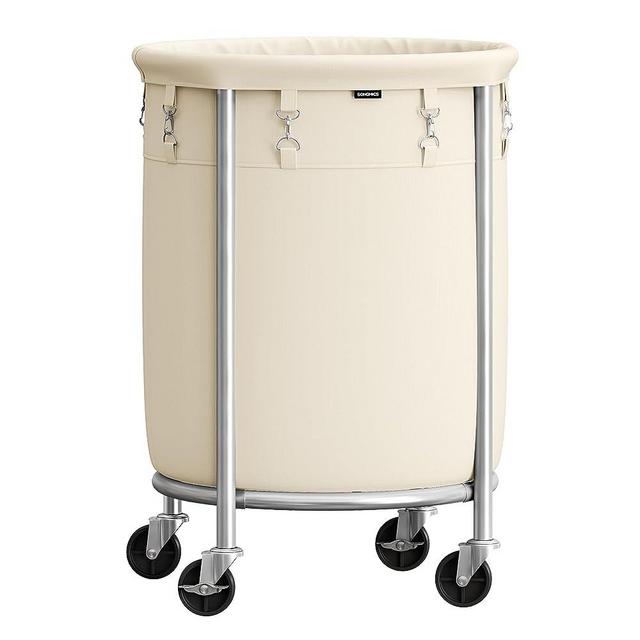 SONGMICS Laundry Basket with Wheels, Rolling Laundry Hamper, 29 Gal., Round Laundry Cart with Steel Frame and Removable Bag, 4 Casters and 2 Brakes, White and Silver URLS002W01