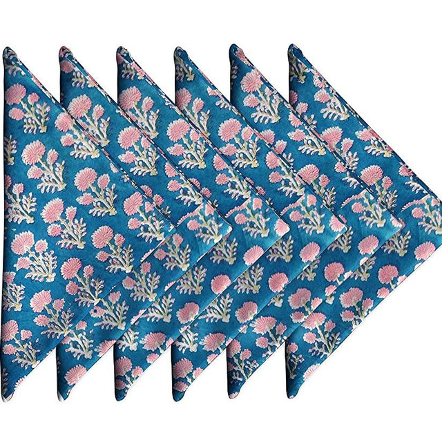 Craftbot Cotton Print Napkins 18x18 inches - Washable Cloth Dinner Napkins Set of 6 - Everyday Use or Dinner Party and Events - Teal Indian Block Printed Soft Fabric