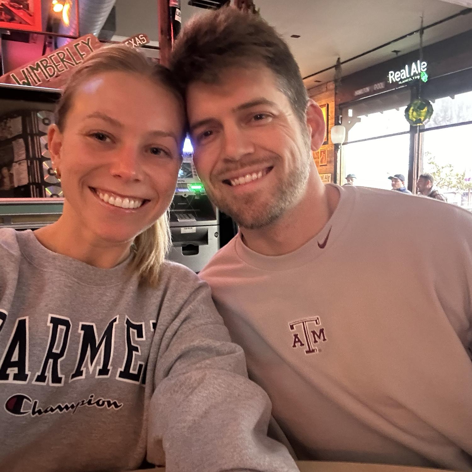 First pic ever 🥹

Peep the Wimberley sign in the back — where we got engaged 1.5 years later! 💗

The following photo gallery is a little chronological peek into our love story. Enjoy! 🤍