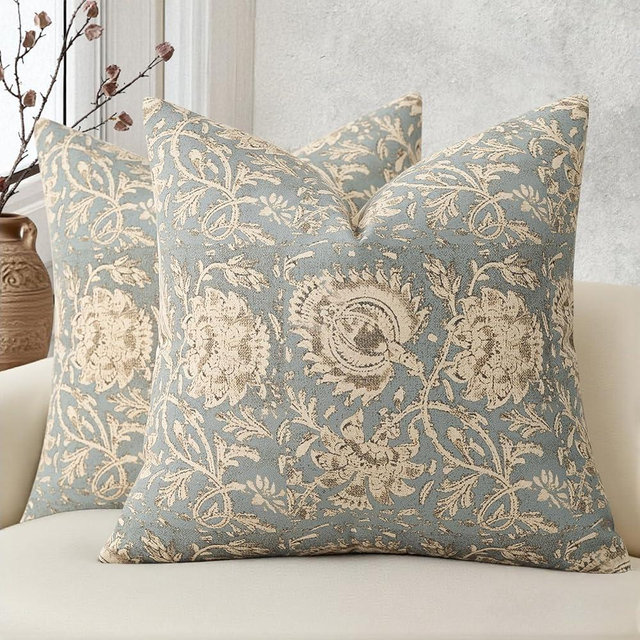 DKwizme Vintage Floral Print Throw Pillow Covers 20x20 Set of 2 Neutral Modern Farmhouse Pillowcases Accent Decorative Cushion Covers Boho Home Decor for Couch Sofa Chair Bed Living Room, Sky Blue