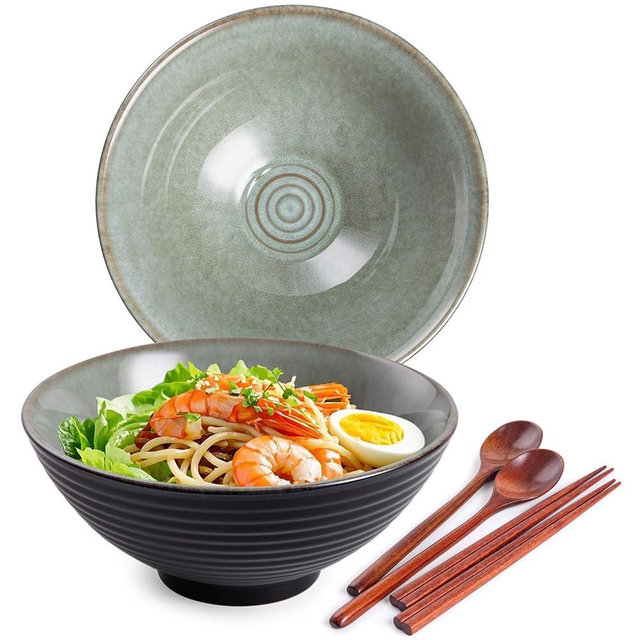 HOKELER Ceramic Japanese Ramen Bowl Set, 2 Sets Asian Pho Udon Soup Noodle Bowls with Spoons and Chopsticks (Grayish Green, 8 inches)