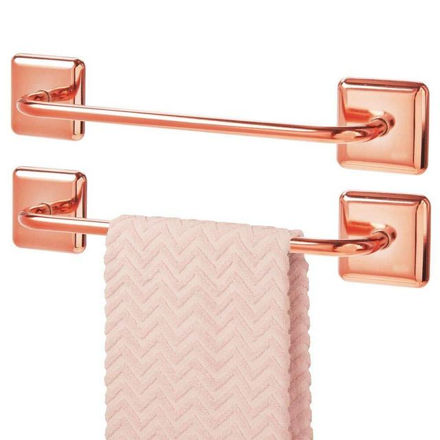 mDesign Metal Bathroom Storage Towel Bar with Strong Self Adhesive - Holder Rack for Hanging Washcloths, Hand, Face Towels in Main or Guest Powder Rooms - 2 Pack - Rose Gold