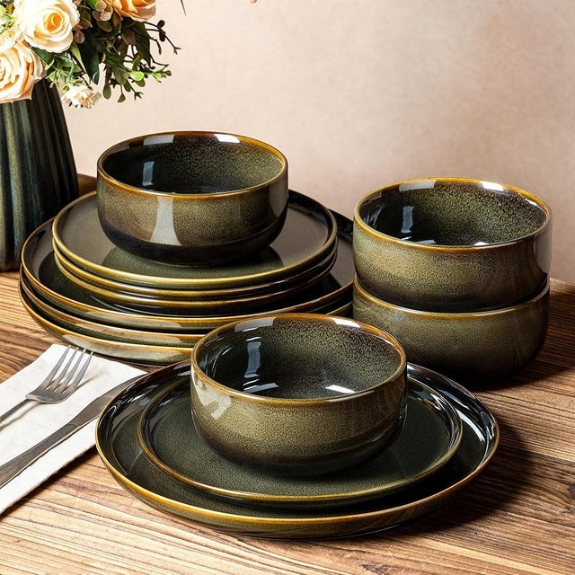 TheTerra Ceramic Dinnerware Sets for 4, 12 Pieces Handmade Reactive Glaze Plates and Bowls Set, Scratch Resistant Dish Set, Oven & Microwave & Dishwasher Safe, Olive Green