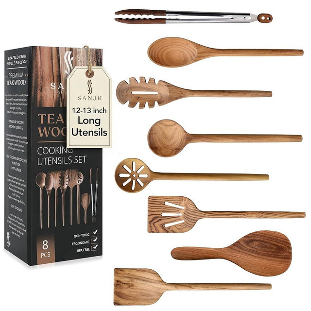 8 Piece Teak Wooden Cooking Spoons Set – Wooden Utensil Set with Spatula Scraper Pasta Spoon Rice Paddle Tongs for Everyday Cooking, Smooth Sanded Finish, Comfortable Grip Handles, Gentle on Cookware