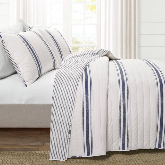 3pc Full/Queen Farmhouse Stripe Quilt Set Navy - Lush Décor