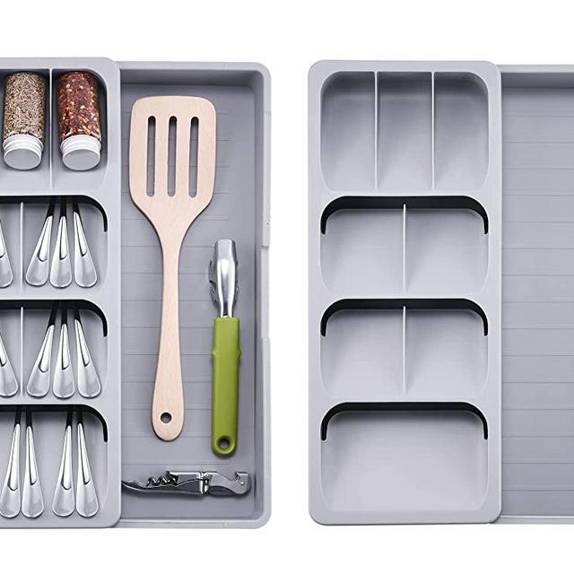 SOMIER 2pcs Expandable Kitchen Drawer Organizer, Adjustable Cutlery Trays and Utensil Holder, Kitchen Drawer Dividers Storage for Silverware, Flatware, Knives, Spoons, Gray