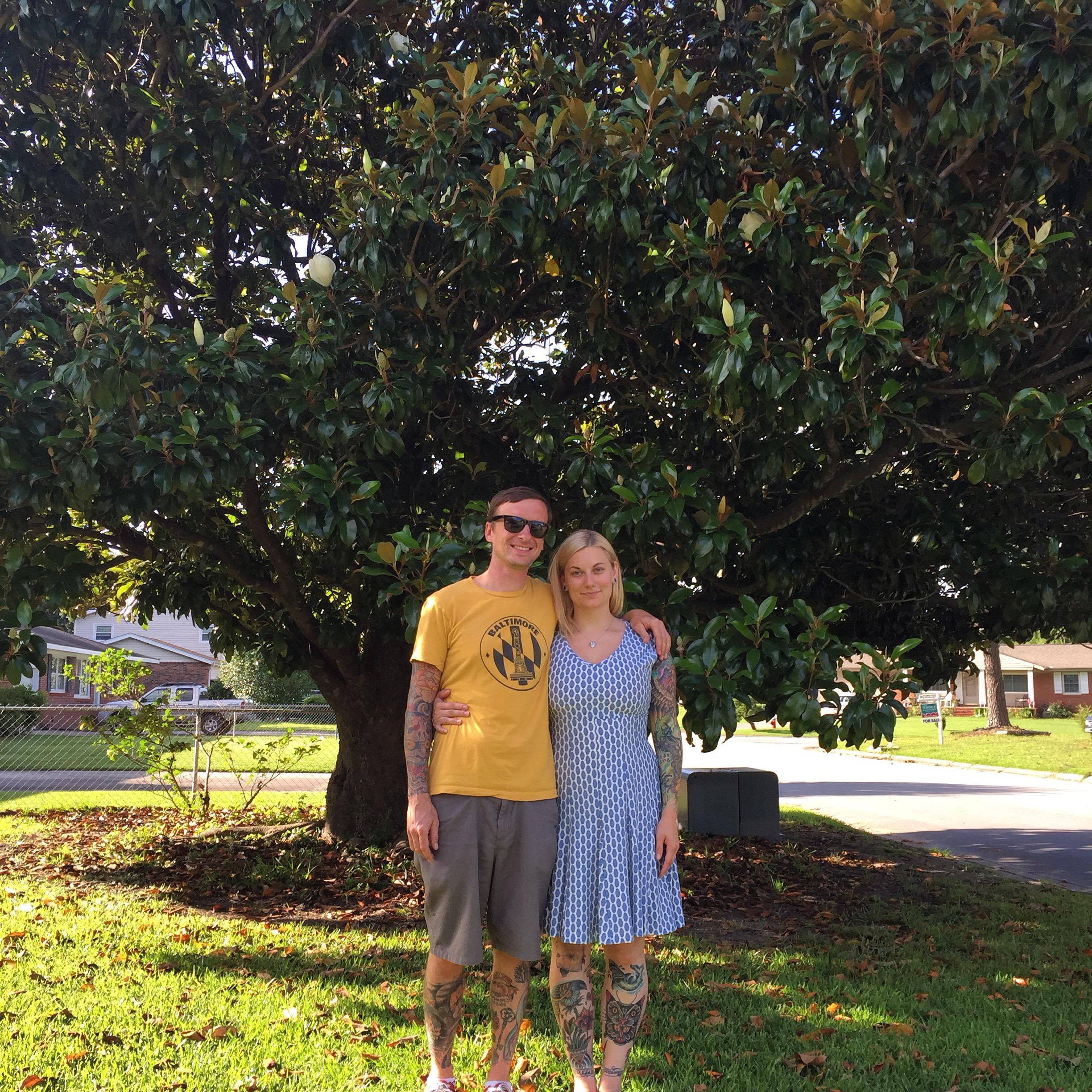 In front of Mama and Papa's magnolia tree in North Carolina