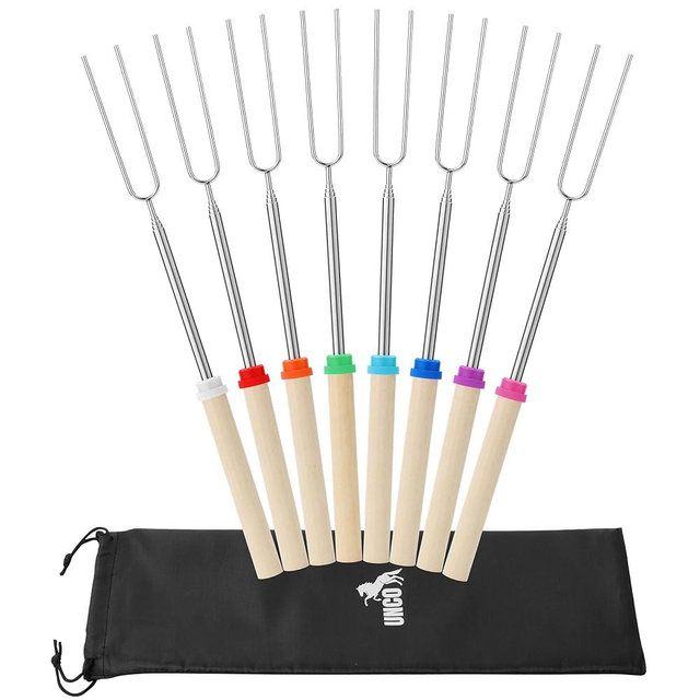 UNCO- Marshmallow Roasting Sticks with Bag, 32”, 8 Pack, Extendable Stainless Steel Smores Sticks for Fire Pit, Smores Skewers, Campfire Cooking Equipment