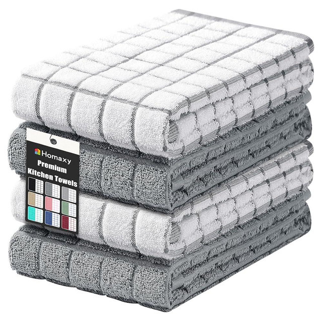 Homaxy Premium Cotton Kitchen Towels 16"x 28", Large Natural Ring Spun 390 GSM Dish Towels, Super Absorbent Terry Kitchen Hand Towels, Soft Tea Towels with Hanging Loop, Grey Check Design, 4 Pack