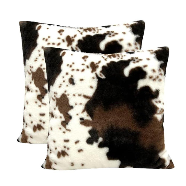 TOMWISH Cowhide Animal Black White and Brown Fur Throw Pillow Covers 22x22 Set of 2 for Chair Bedroom Living Room Sofa Couch Bed Outdoor Double Sided Printing Fur Fleece Soft Cozy Pillow Covers