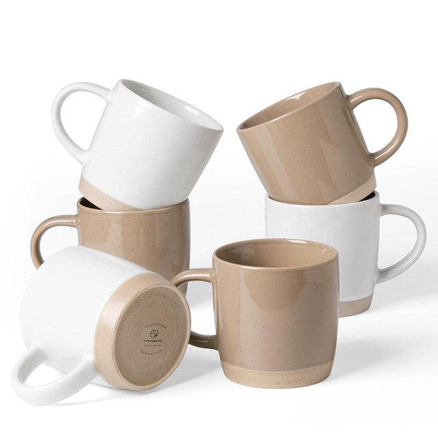 famiware Coffee Mugs for 6, 13 oz Mug Set, Dringking Cup with Handle for Coffee, Tea, Cocoa, Milk, Milkyway serise, White+Cinnamon Brown