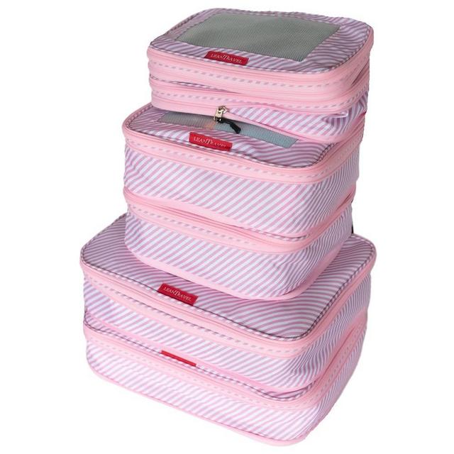 LeanTravel Compression Packing Cubes for Travel Organizers with Double Zipper (6-Pack (2L+2M+2S), Pink Stripes)