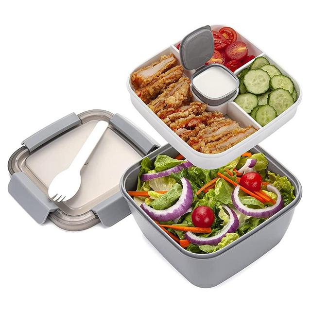 Freshmage Salad Lunch Container To Go, 52-oz Salad Bowls with 3 Compartments, Salad Dressings Container for Salad Toppings, Snacks, Men, Women (Grey)