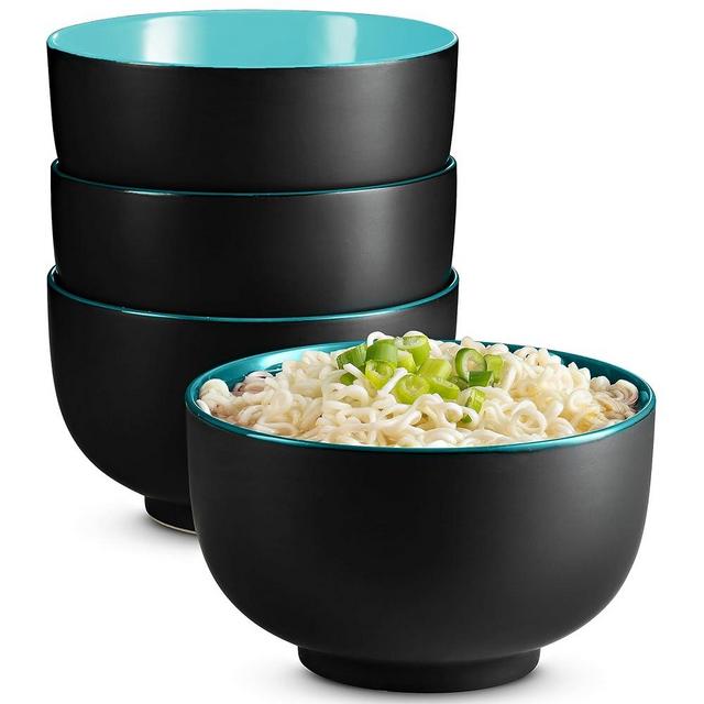 KooK Ceramic Japanese Noodle Bowl Set, Large Capacity, For Ramen, Udon, Soba, Pho and Soup, Microwave and Dishwasher Safe, 34 oz, Set of 4 (Black/Teal)