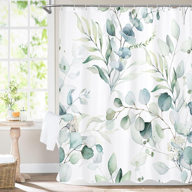 MitoVilla Sage Green Spring Floral Shower Curtain, Modern Plants Botanical Fabric Cloth Shower Curtains for Chic Elegant Bathroom Decor, Watercolor Eucalyptus Leaf, 72x72