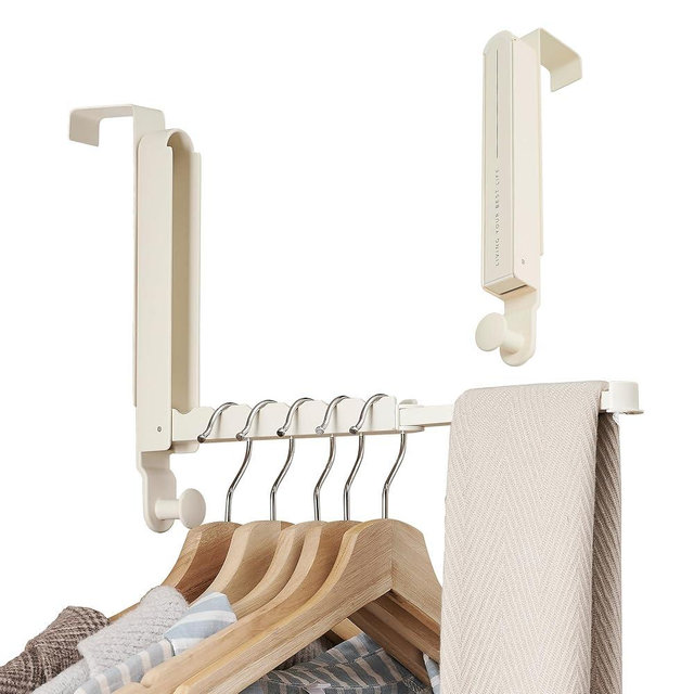 Over The Door Hooks Hanger Fit Door up to 1 3/4" Optimal 2pc,Over The Door Hanger with Retractable Rod,Foldable Over The Door Drying Rack for Laundry Bathroom Bedroom (Milky White, 2 Pack)
