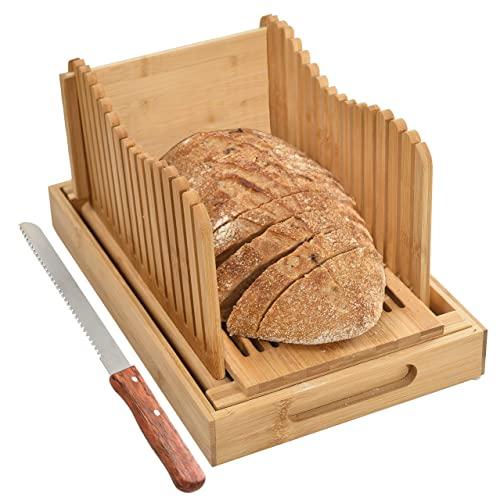 Kitchen Seven Bamboo Bread Slicer with Crumb Tray Bamboo Bread Cutter for Homemade Bread, Loaf Cakes, Bagels Slicer, 3 Slice Sizes, Adjustable, Compact, Foldable