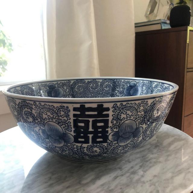 Large 13.5” blue and white chinoiserie double happiness bowl