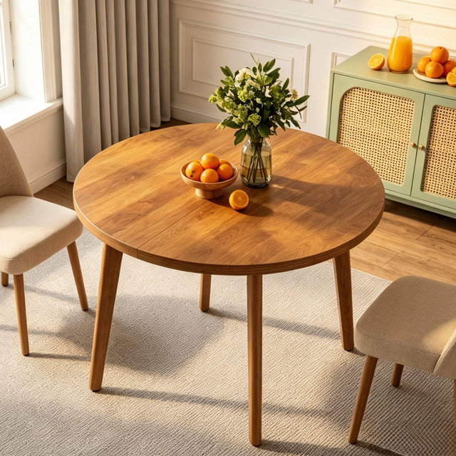 LEDREM Round Dining Table for 6, 47.2 Inch Kitchen Table with Tapered Solid Wood Legs & Heat-Resistant Top, 264 lb Capacity, Honey Brown