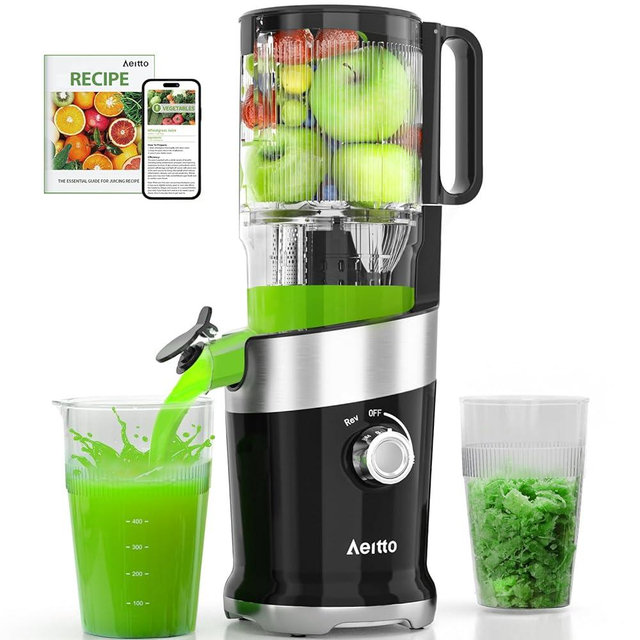 Cold Press Juicer, Aeitto Juicer Machines For Whole Fruits, Large Feed Chute, Juice Extractor Machine, Easy to Assemble, Easy to Clean with Brush, High Juice Yield,Self Feeding