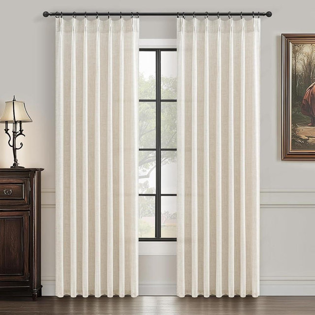 Custom Pinch Pleated 78 Inch Dining Room Curtains 2 Panels Set, Farmhouse Cream Beige Light Filtering Textured Linen Semi Sheer Curtain for Kids Room Privacy Window Thick Drapes Ivory 6-1/2 FT Length