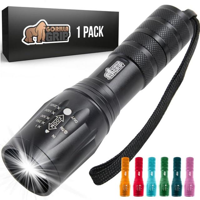 GORILLA GRIP Powerful LED Tactical Flashlight, 750 FT High Lumens 5 Adjustable Modes, Water Resistant, Ultra Bright Zoom Flashlights, Small Mini Flash Light, Camping, Night Dog Walking, Black