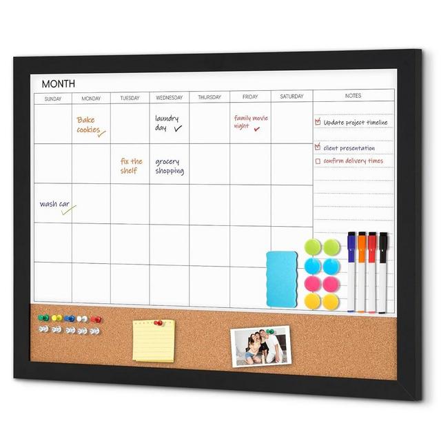 Dry Erase Calendar Whiteboard for Wall, WALGLASS 36" X 24" Cork Monthly Calendar White Board Combo with Aesthetic Wood Framed, Hanging Wall Mounted Large Bulletin Board for Home, School, Office