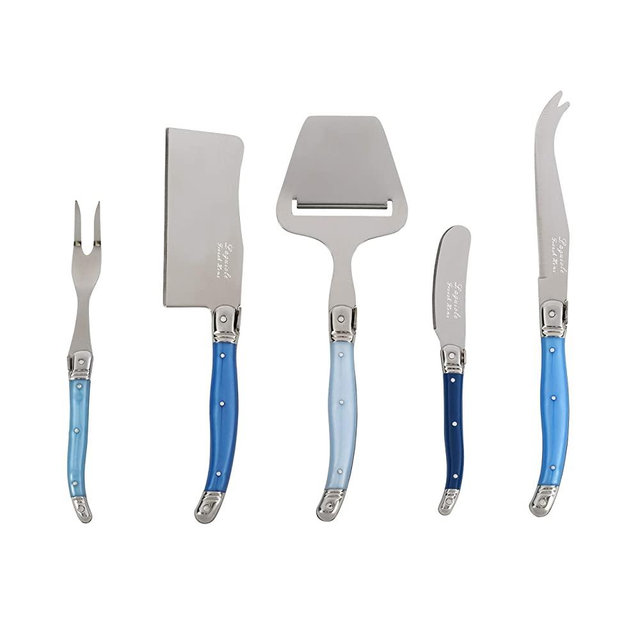French Home Laguiole 5 Piece Cheese Knife, Fork and Slicer Set, "Shades of Blue"