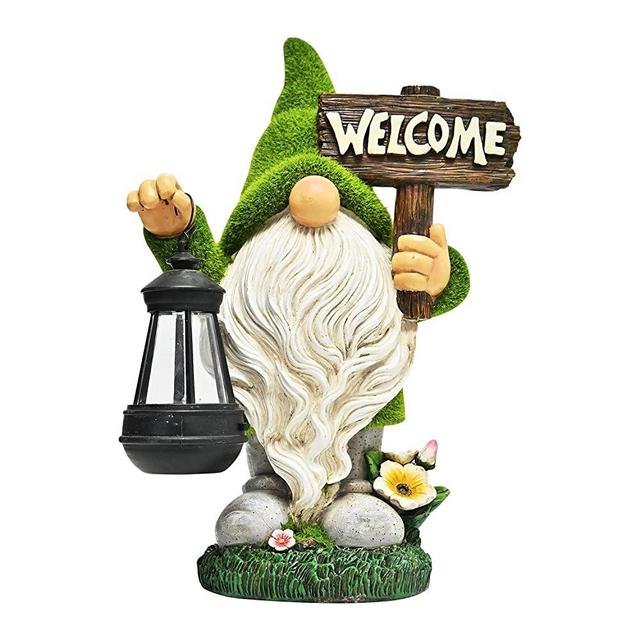 ASAWASA Garden Flocked Gnome Statue Solar,Funny Outdoor Gnome Statues with Solar LED Lights,Garden Figurines for Patio Yard Decor,Tall 14.2 Inch(Welcome)