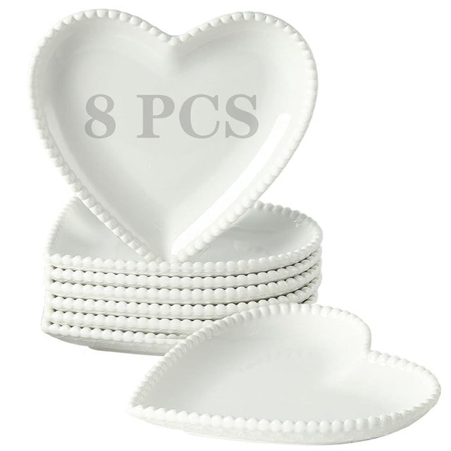BABALIU 7.5 Inch Porcelain Appetizer Plates Set of 8, Heart Shape Small Dinner Plates, Dessert Salad Plates Serving Dishes for Cake, Snack, Ice Cream, Waffles, Microwave, Oven, Dishwasher Safe, White