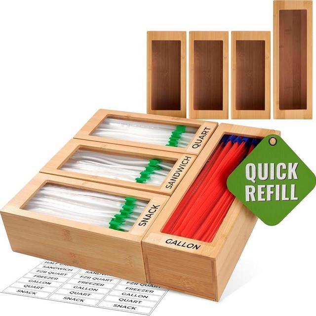 Storage Bag Organizer, Sandwich Bag Organizer - Bamboo Baggie Organizer for Drawer, 4 Modular Boxes with Labels, Plastic Bag Storage Organizer, Quick Refill By Woodenhouse