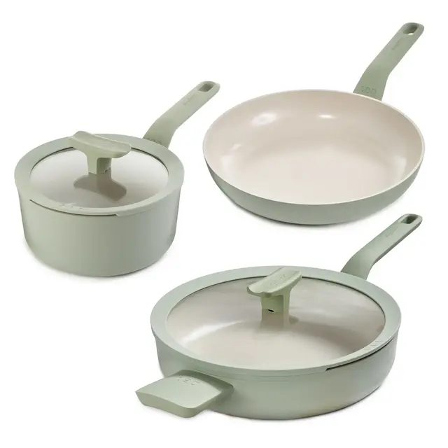 BergHOFF Balance 5Pc Nonstick Ceramic Cookware Set With Glass Lid, Recycled Aluminum, Sage