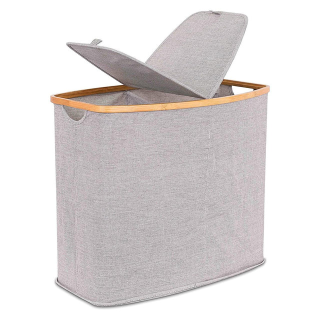 BirdRock Home Divided Bamboo & Canvas Hamper - Grey