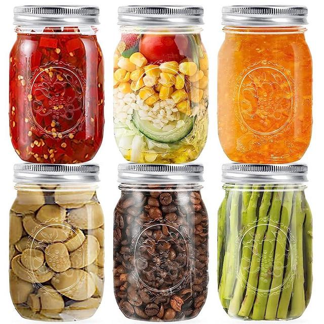Regular Mouth Glass Mason Jars 16 oz, 6 Pack Glass Canning Jars with Metal Airtight Lids and Bands and Measurement Marks, for Canning, Preserving, Overnight Oats, Jam, Jelly, Food Storage, DIY etc