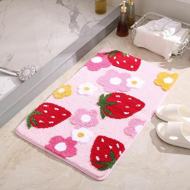 LIKETN Soft Cozy Strawberry Bathroom Rugs Cute Bath Mat Doormat Non Slip Washable Shaggy Bedroom Runner Rug Funny Flower Absorbent Door Mats Tub Shower Bath Rug for Girls (17.7" X 25.6", Pink)