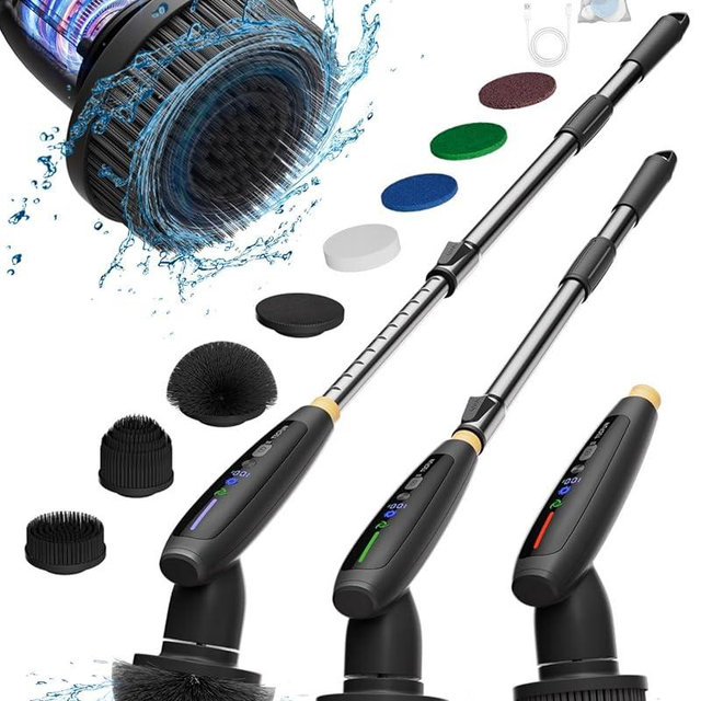 TECFUN Electric Spin Scrubber, 2024 New Full-Body IPX7 Waterproof Bathroom Cleaner Brush, Shower Scrubber with Extendable Handle & 2 Speed, Interactive LED, Cleaning Supplies for Tub,Tile,Floor-Black