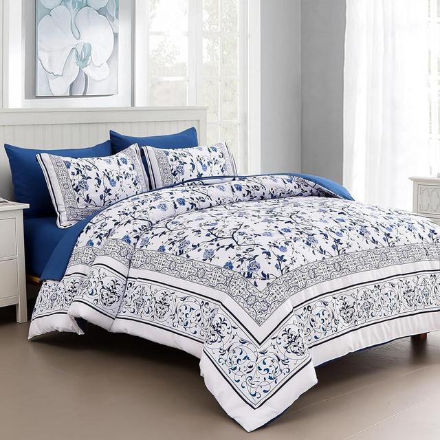 Dobuyly Floral Queen Comforter Set, 7 Piece Bed in a Bag Queen Size Blue Flowers on White Botanical Bedding Set, Soft Microfiber Bedding Comforter Sets with Sheets for All Season