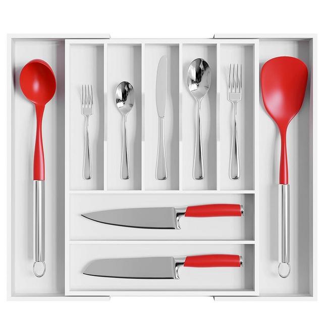oridom Large Premium Bamboo Silverware Organizer - Expandable Drawer Organizer & Utensil Organizer - 17"x19.7" Cutlery Tray with Dividers for Kitchen Utensils and Flatware (7-9 Slots) (White)