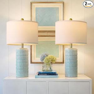PoKat 23" Light Blue Table Lamps Set of 2, Modern Bedside Lamps for Bedroom, Coastal Ceramic End Table Lamps for Living Room, Ocean Nightstand New Home Decor Lamps