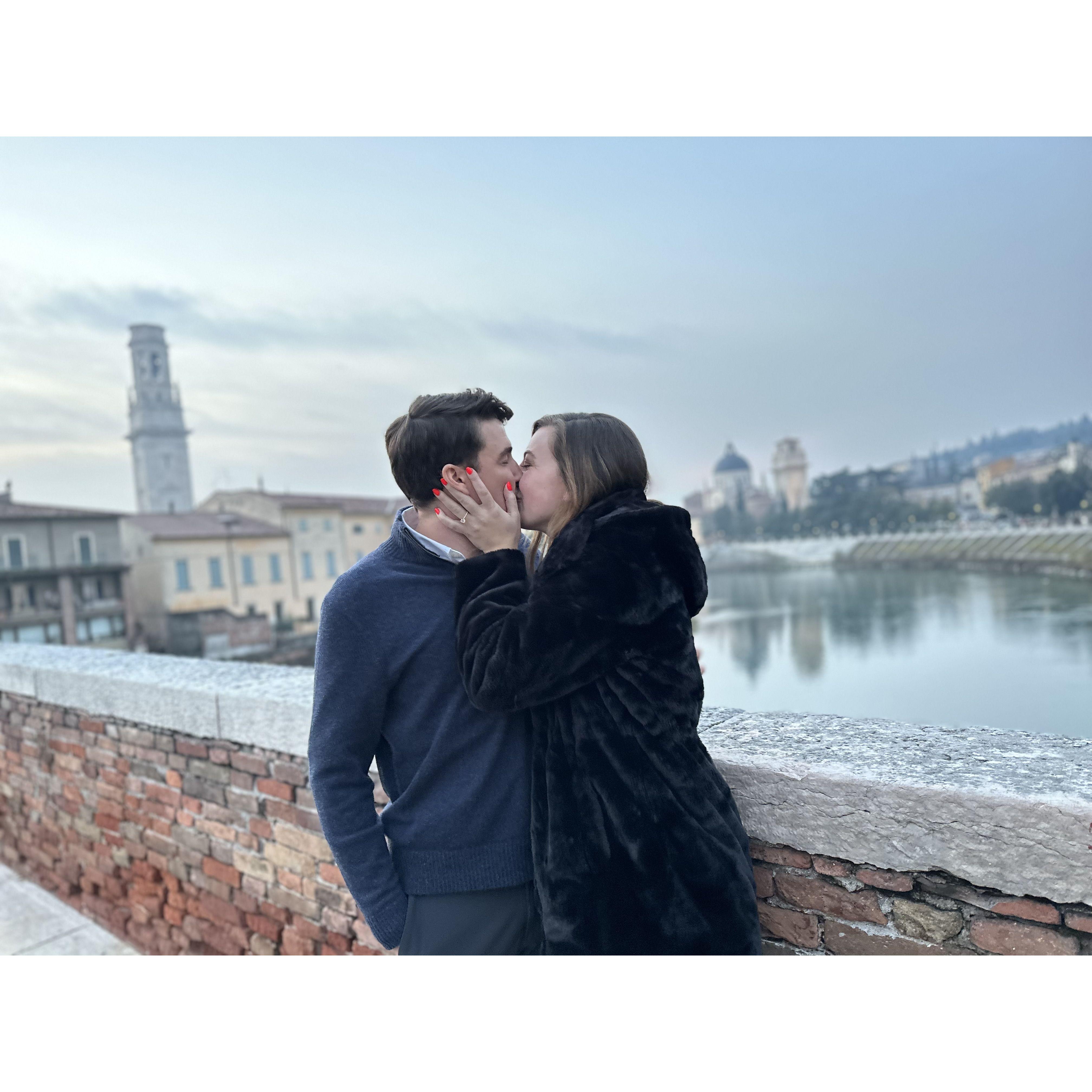 On the Ponte Pietra in Verona minutes after saying YES!