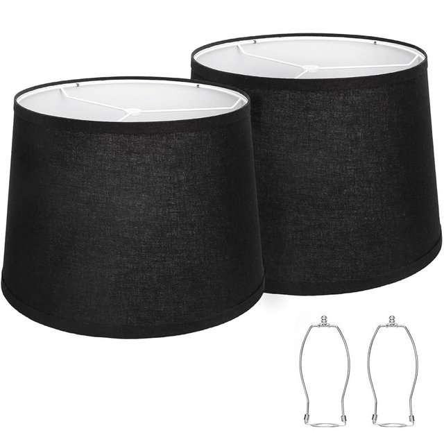 Black Fabric Drum Lampshades Set of 2, 11.6" Top x 12.6" Bottom x 9.8" High for Table, Floor, Pendant Lights, E26 Base Harp Holders Included