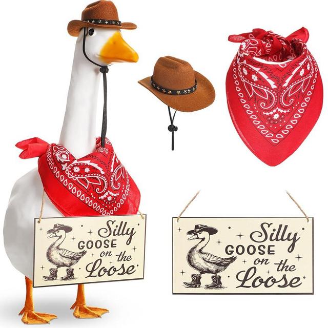 Silicherry Funny Porch Goose Decoration Set Silly Goose on The Loose Hangings Sign Cowboy Goose Outfit with Cowboy Hat and Red Bandana for 23" Cement/Plastic Goose Outdoor Statue Patio Yard Lawn Art