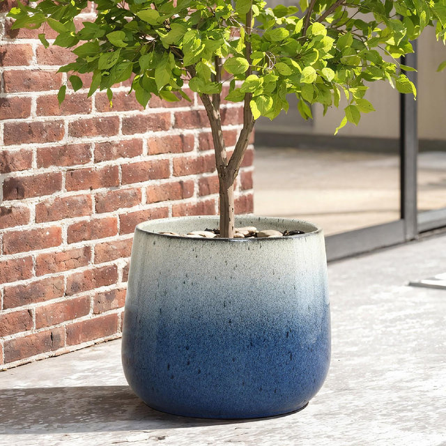 LuxenHome 11.6" Dia Glazed Blue Round Ceramic Planter Pot, Modern Indoor Outdoor Flower Pot with Drainage
