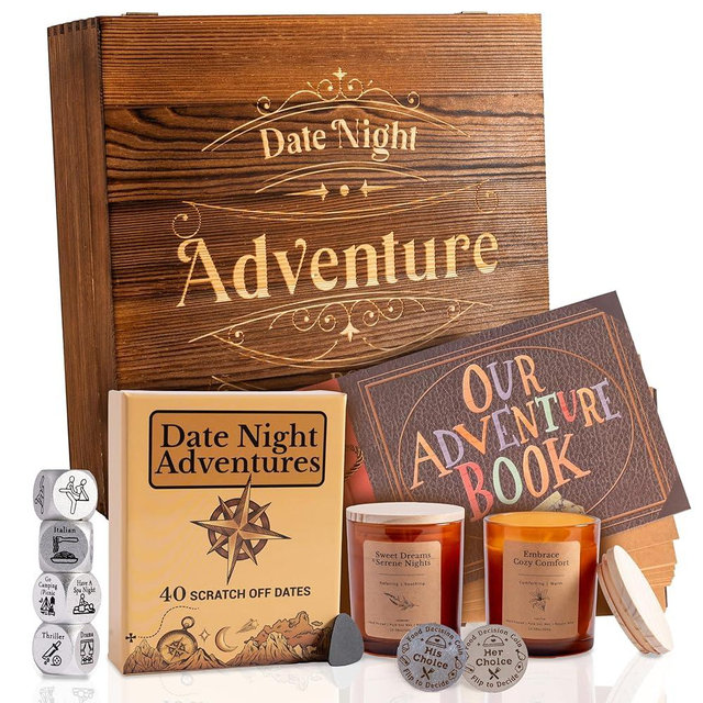 GreenCor Couples Date Night Adventure Gift Box Scratch-Off Date Ideas - Anniversary or Birthday Gifts for Girlfriend | Boyfriend - Vanilla and Lavender Candles | Decision Coin & Dice