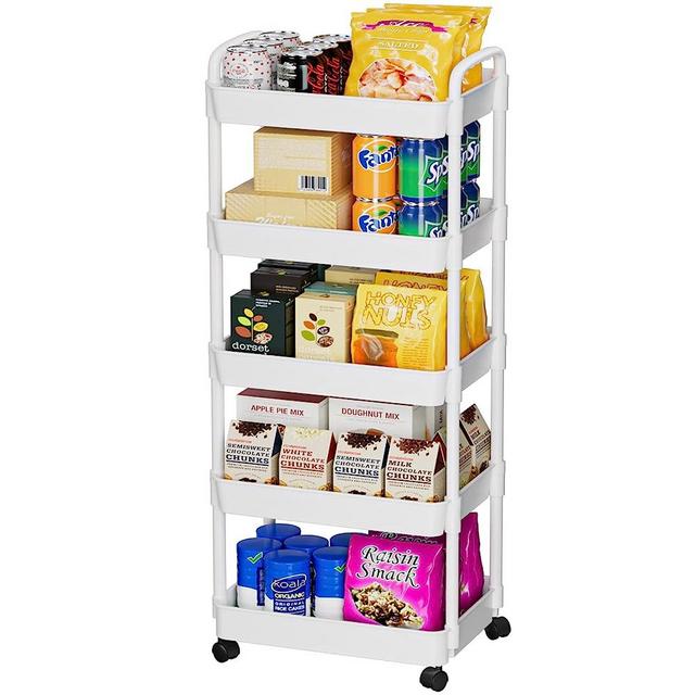 5-Tier Rolling Cart, Utility Cart with Lockable Wheels, Storage Cart,Craft cart,Easy Assemble for Kitchen,Bathroom,Laundry,Dorm Room,Storage Organizer as Art, Snack lash Book Diaper Book Cart White