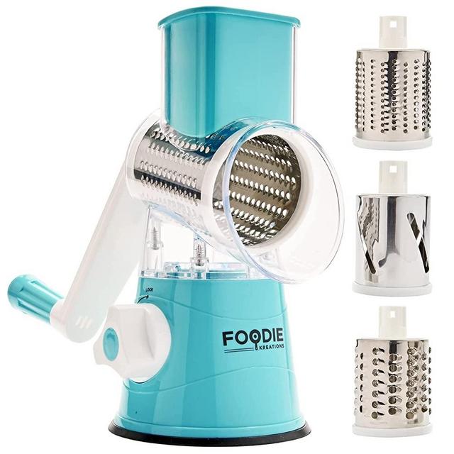 Rotary Cheese Grater with Handle - Manual Cheese Shredder Round Mandoline Vegetable Slicer and Nut Grinder - Includes Veggie Peeler and Cleaning Brush