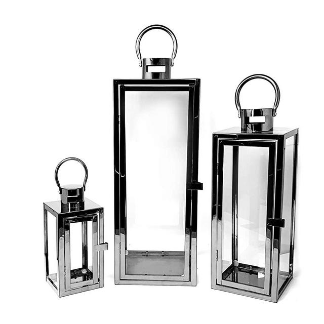 Allgala 3-PC Set Jumbo Luxury Modern Indoor/Outdoor Hurricane Candle Lantern Set with Chrome Plated Structure and Tempered Glass-Cuboid Black-HD88013