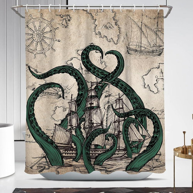 Coxila Vintage Octopus Shower Curtain Nautical Coastal Ocean Beach Sea Funny Fun Retro Kraken Cool Gothic Goth Mens World Map Pirate Anime Horror Bathroom 60 x 72 Inch Polyester Fabric 12 Pack Hooks