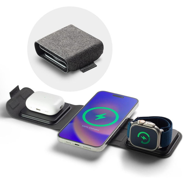 Mophie 3-in-1 Travel Charger v2 with MagSafe - Portable Wireless Charging Hub, Compatible with Apple Devices, iPhone 16/15/14/13/12, Apple Watch Series 10 to 1 & Ultra, AirPods Pro/3rd Gen, Black